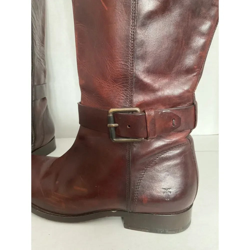 Frye - Melissa - Moto/Riding Tall boots - Redwood Brown Distressed Leather - 8B